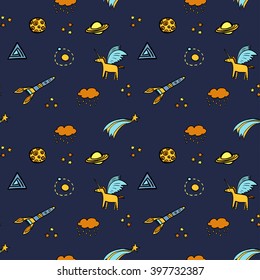 hand drawn seamless cute space pattern with comets, planets, stars, rocket and unicorns. Could be used as wrapping paper, background, cover, textile print