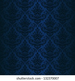 Hand drawn seamless dark blue damask background
