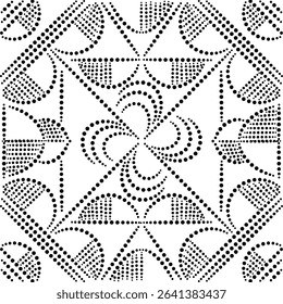 Hand drawn Seamless Design Pattern of Geometric Half Circles converging towards the Center with Central Rotating Flower ideal for embroidery cushion curtain carpet, Dotted Circles Vector illustration