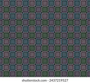 Hand drawn seamless diagonal line in block, Gingham pattern style, Violet Purple Green Blue And Black Background