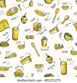 Hand drawn seamless doodle food pattern. 