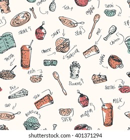 Hand drawn seamless doodle food pattern. 