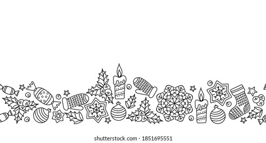 Hand drawn seamless Doodle horizontal border. Christmas and New year elements . Festive cartoon background.