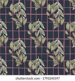 Hand drawn seamless doodle pattern with contoured green leaf branches on navy blue background with check. Simple backdrop. Designed for wallpaper, textile, wrapping paper, fabric print. Vector