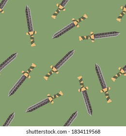 Hand drawn seamless doodle pattern with sword simple silhouettes. Green olive background. Ancient battle backdrop. Perfect for fabric design, textile print, wrapping, cover. Vector illustration.