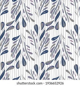 Hand drawn seamless doodle pattern with blue colored foliage shapes. Light striped background. Doodle backdrop. Designed for fabric design, textile print, wrapping, cover. Vector illustration.