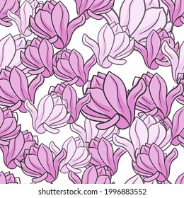 Hand drawn seamless doodle pattern with abstract random pink outline magnolia flowers print. Vector illustration for seasonal textile prints, fabric, banners, backdrops and wallpapers.