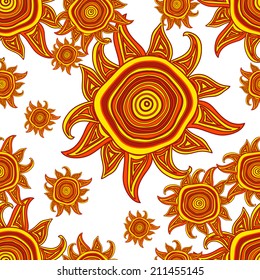 Hand drawn seamless doodle pattern with sun in red colors, clipping mask is used, vector illustration