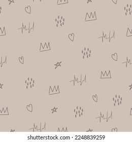 Hand drawn seamless doodle pattern crown, heart, star, dots. Creative vector background. Modern design for fabric, packaging, wallpaper, clothing. Funny vector sketches.