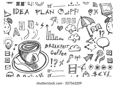 Hand drawn seamless doodle pattern with business symbols