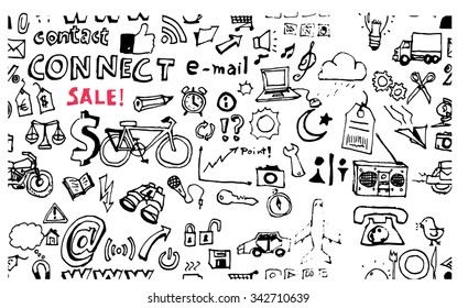 Hand drawn seamless doodle pattern with business symbols