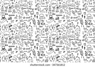 Hand drawn seamless doodle pattern with business symbols