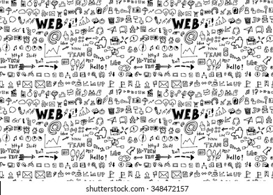 Hand drawn seamless doodle pattern with business symbols