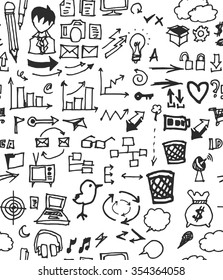Hand drawn seamless doodle pattern with business symbols