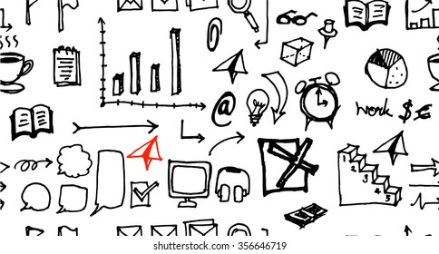 Hand drawn seamless doodle pattern with business symbols