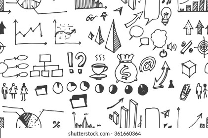Hand drawn seamless doodle pattern with business symbols