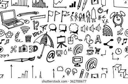 Hand drawn seamless doodle pattern with business symbols