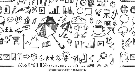 Hand drawn seamless doodle pattern with business symbols