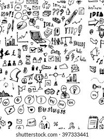 Hand drawn seamless doodle pattern with business symbols