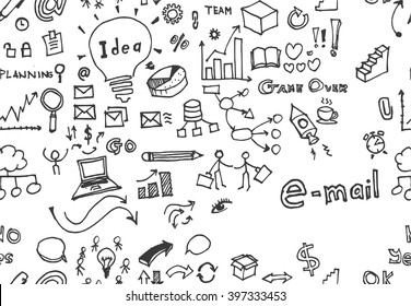 Hand drawn seamless doodle pattern with business symbols