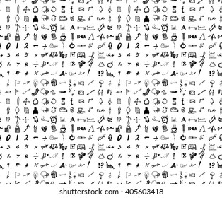 Hand drawn seamless doodle pattern with business symbols