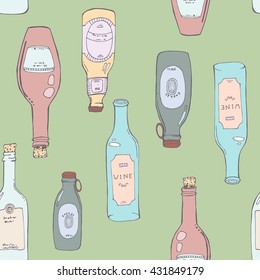 Hand drawn seamless doodle pattern with different bottles