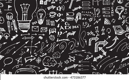 Hand drawn seamless doodle pattern with business symbols chalkboard