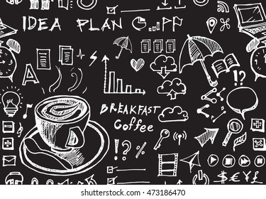 Hand drawn seamless doodle pattern with business symbols chalkboard