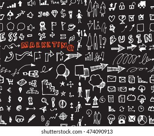 Hand drawn seamless doodle pattern with business symbols chalkboard