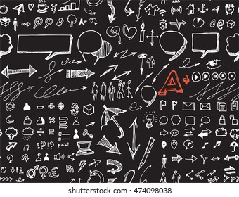 Hand drawn seamless doodle pattern with business symbols chalkboard
