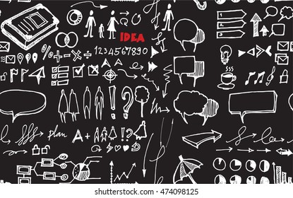 Hand drawn seamless doodle pattern with business symbols chalkboard