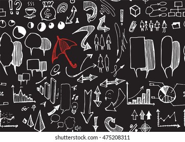 Hand drawn seamless doodle pattern with business symbols