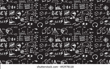 Hand drawn seamless doodle pattern with business symbols chalkboard