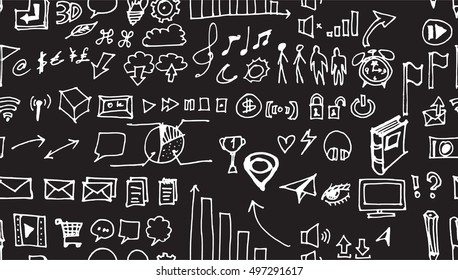 Hand drawn seamless doodle pattern with business symbols chalkboard