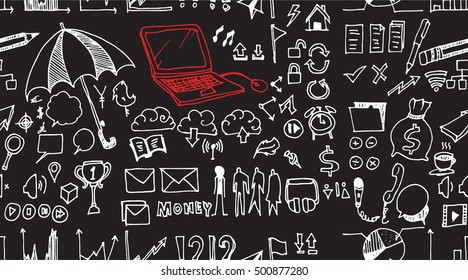Hand drawn seamless doodle pattern with business symbols