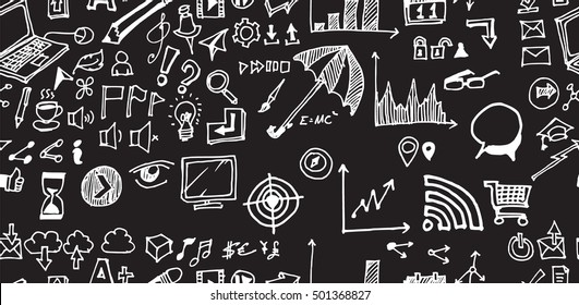 Hand drawn seamless doodle pattern with business symbols