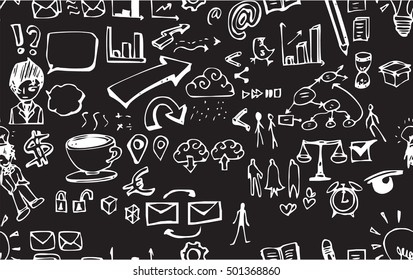 Hand drawn seamless doodle pattern with business symbols