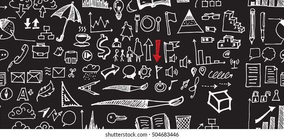 Hand drawn seamless doodle pattern with business symbols chalkboard