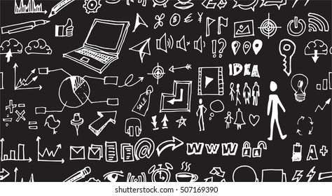 Hand drawn seamless doodle pattern with business symbols chalkboard