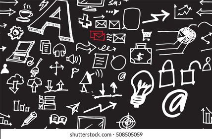Hand drawn seamless doodle pattern with business symbols chalkboard