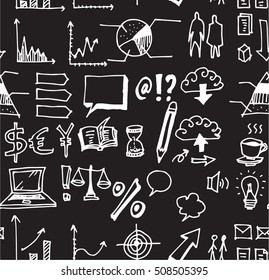 Hand drawn seamless doodle pattern with business symbols chalkboard