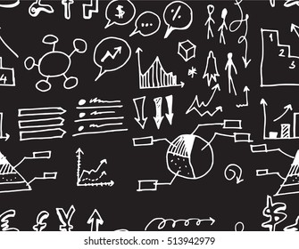 Hand drawn seamless doodle pattern with business symbols chalkboard