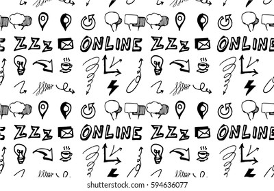 Hand drawn seamless doodle pattern with universal symbols