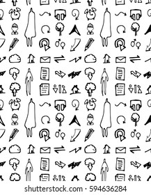 Hand drawn seamless doodle pattern with universal symbols