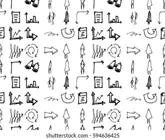 Hand drawn seamless doodle pattern with universal symbols