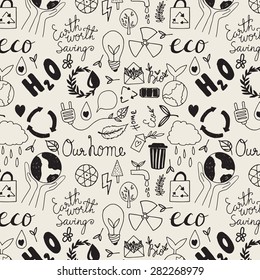 Hand drawn seamless eco friendly pattern. Save your planet.