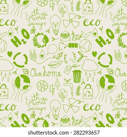 Hand Drawn Seamless Eco Friendly Pattern. Save Your Planet.