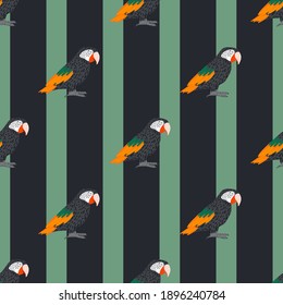 Hand drawn seamless exotic pattern with simple dark grey ara parrot silhouettes. Striped background. Stock illustration. Vector design for textile, fabric, giftwrap, wallpapers.