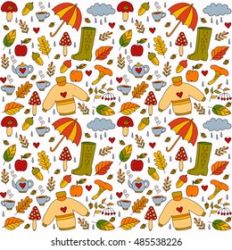 Hand drawn seamless fall autumn pattern colorful autumn signs wall paper trendy cute warm doodles