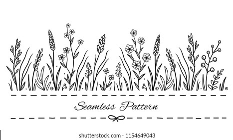 hand drawn seamless floral pattern with wild flowers, herbs and plants